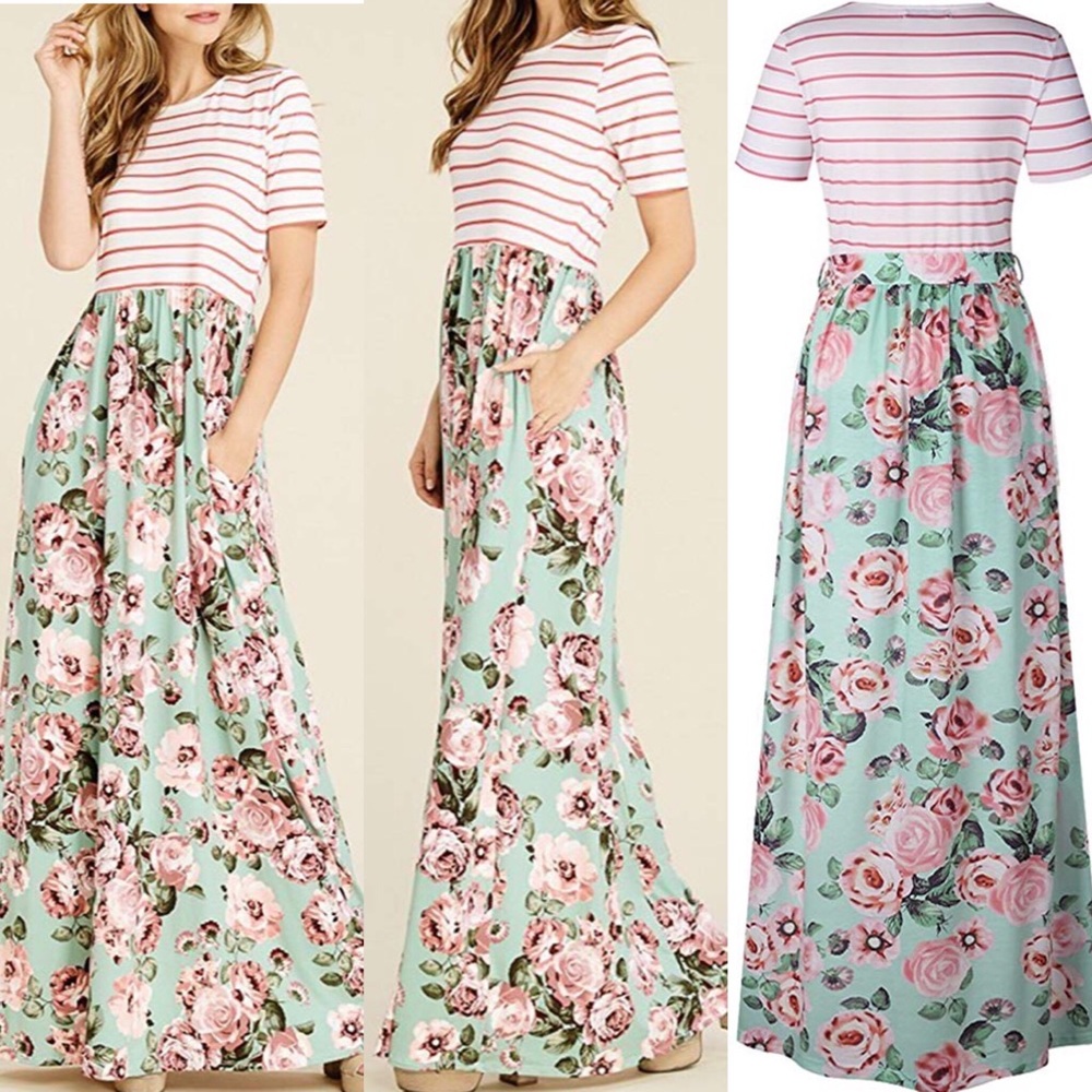 Striped/floral print maxi dress with pockets